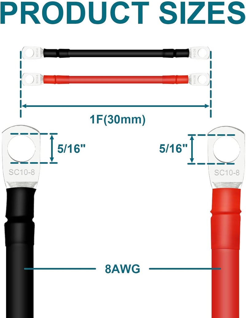 QIATOL كابلات بطارية 8 AWG مع أطراف، 2 قطعة كابلات بطارية نحاسية مع أطراف حلقة 5/16 (موجب وسالب، 1 قدم). - Image 3